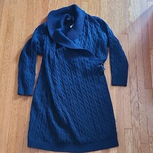 NWT Lauren Ralp Lauren Cable Knit Faux Wrap Sweater Dress In Navy